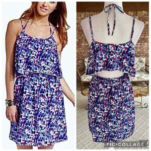 Jessica Simpson Dress Floral Halter Mini Back Cutout Blue Multi M Party Garden